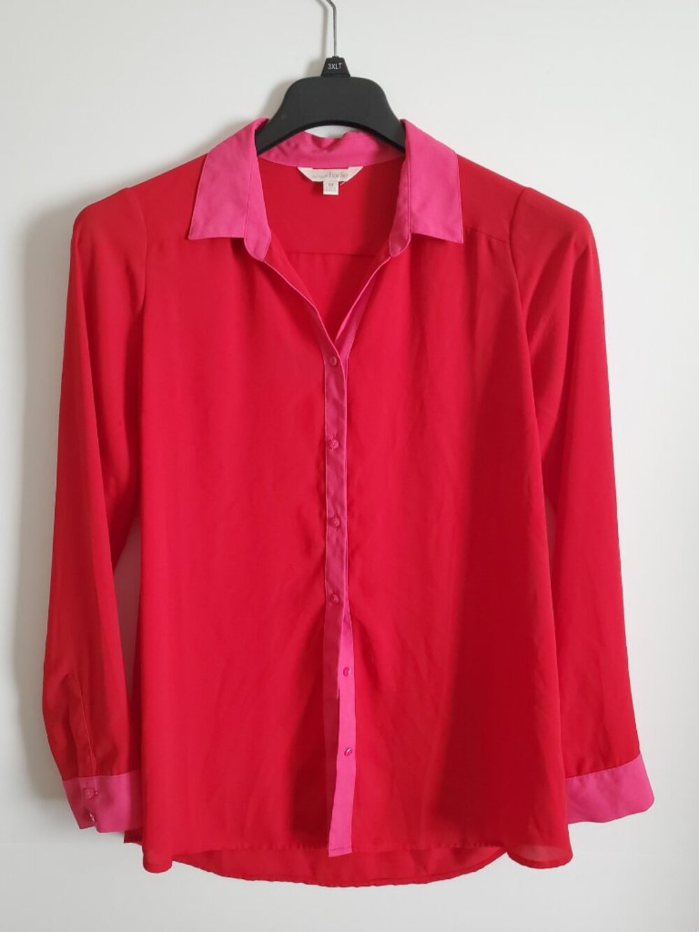 Charming Charlie Red Button-Up Top with Pink Collar and Cuffs